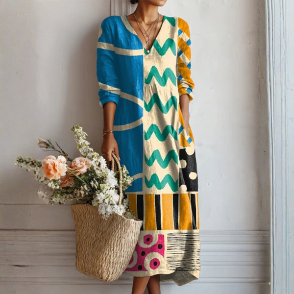 Women's easygoing abstract print midi dress, perfect for casual spring & summer fashion. Comfortable & versatile.