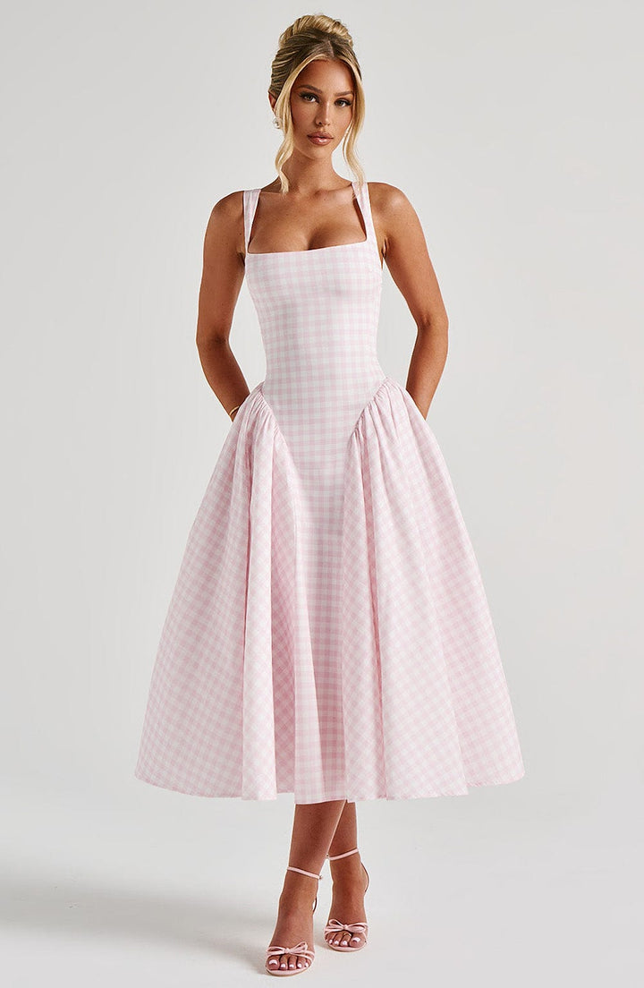 Elegant women's gingham midi dress with square neck, sleeveless design, perfect for summer day wear or smart casual events.