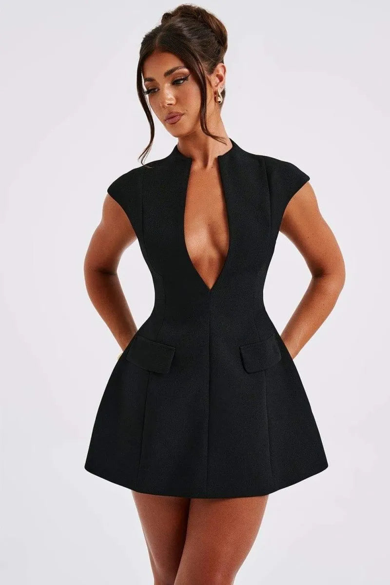 Elegant women's A-line mini dress with deep V-neck and cap sleeves. A chic and versatile day to night fashion piece.