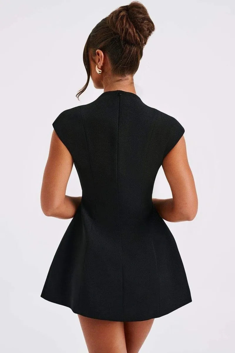 Women's chic mini dress: deep V-neck, cap sleeves & A-line cut. Stylish & elegant, perfect for versatile fashion wear.