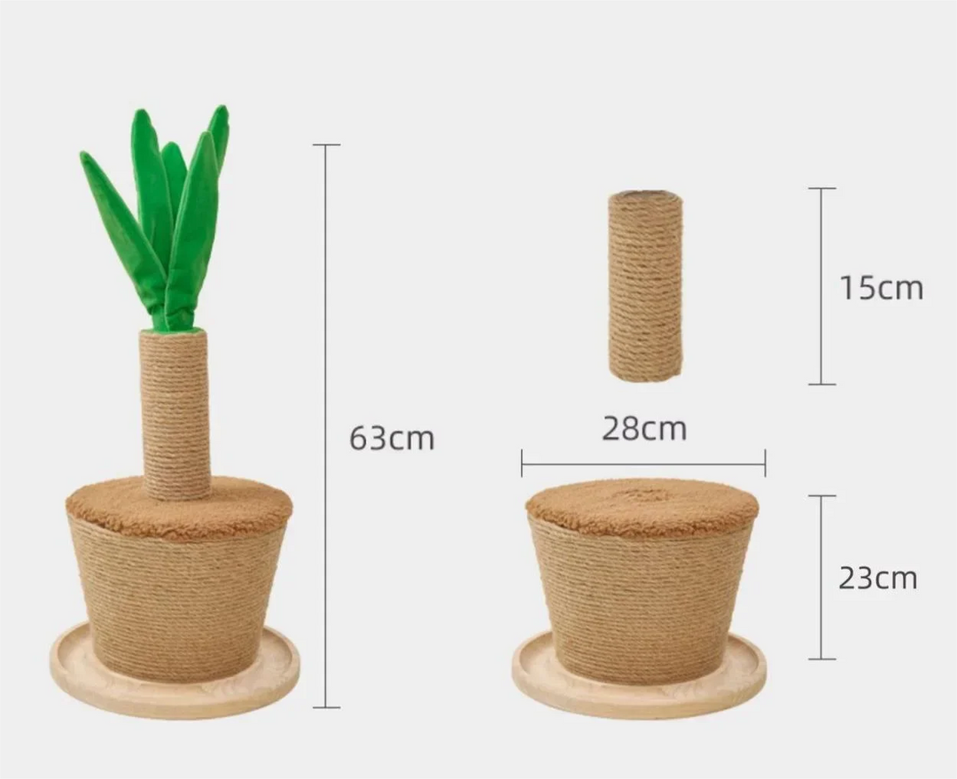 Cute cat scratching post with natural sisal rope, designed like a green plant for home decor & happy paws.
