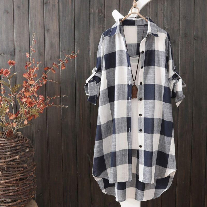 Stylish women's longline plaid oversized shirt, perfect as a button-up layer for casual fashion & comfort.