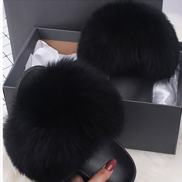 Luxurious women's fluffy open-toe comfort sandals. Soft slip-on slide slippers for relaxation.