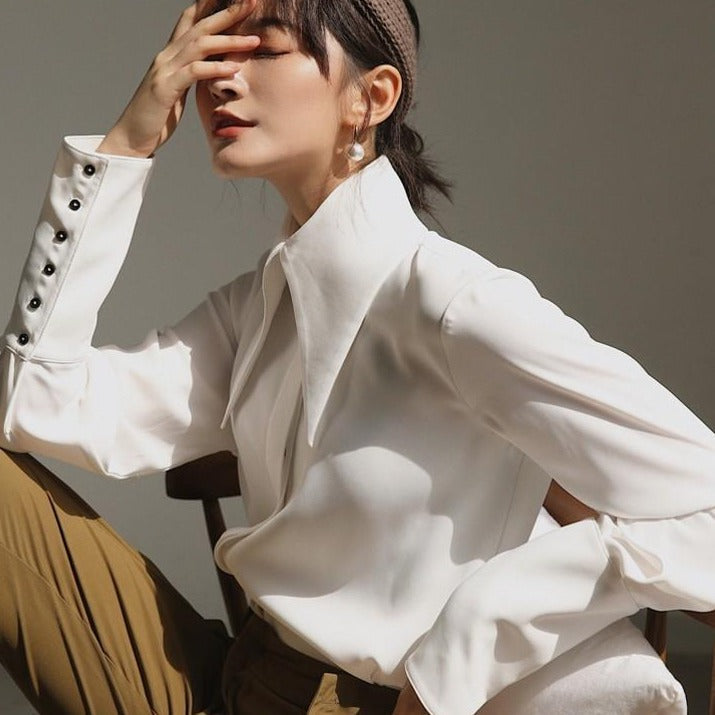 Women's long sleeve statement blouse with elegant puff shoulders, ideal for office and evening fashion.