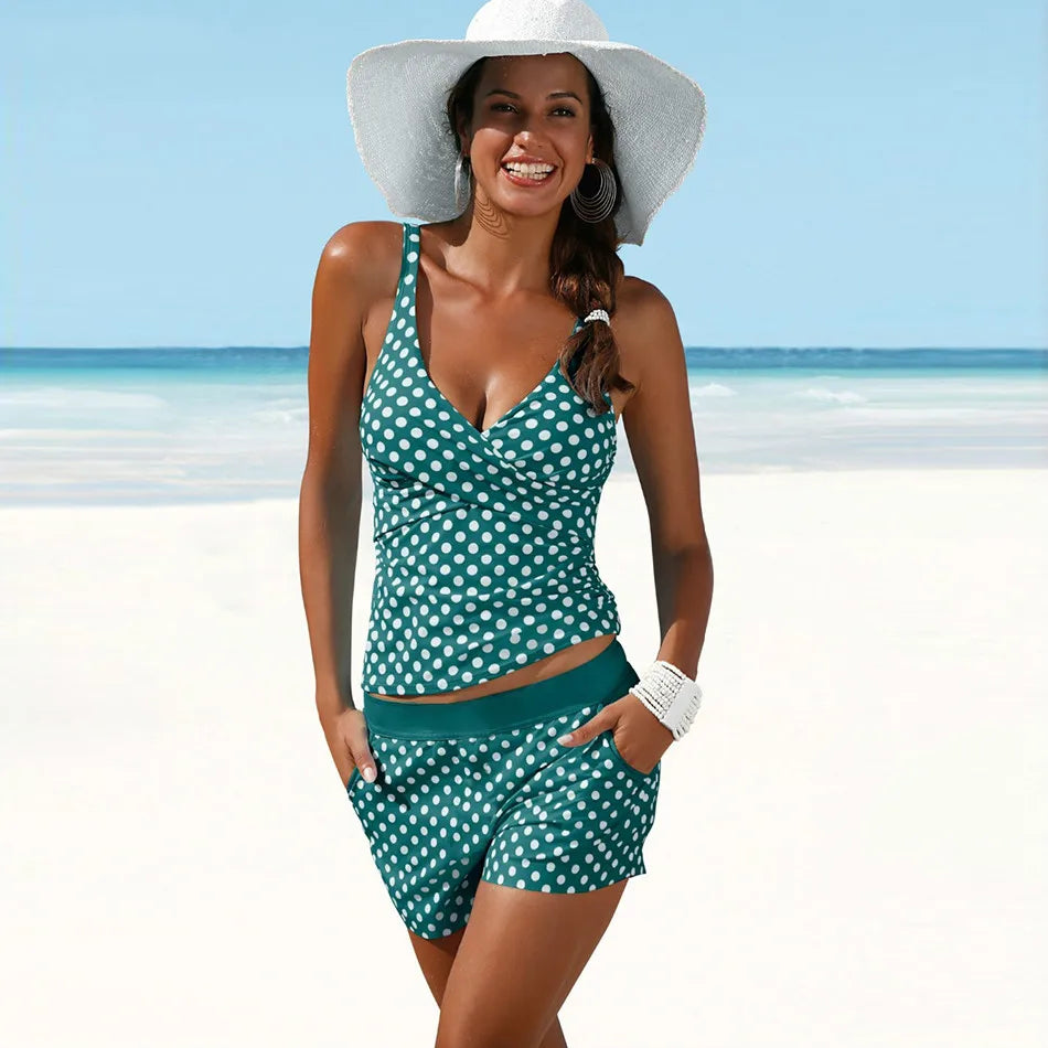 Women's chic polka dot tankini set, a stylish two-piece swimsuit perfect for beachwear and summer.