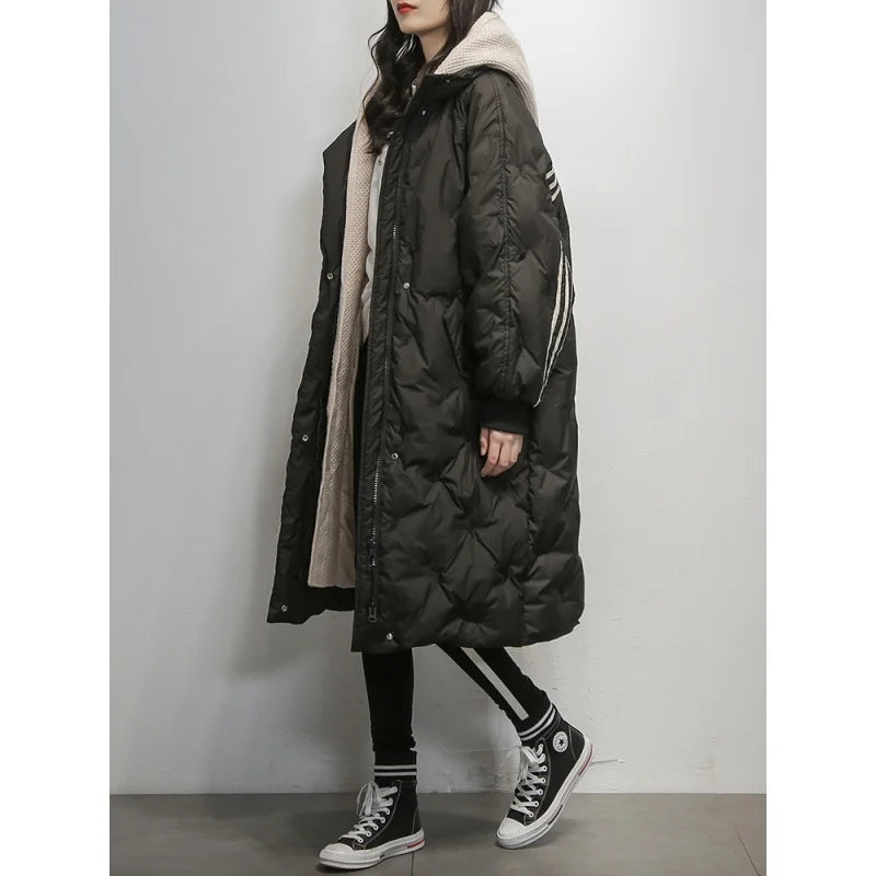 Women's elegant hooded winter puffer jacket, cozy & warm outerwear for cold weather fashion.