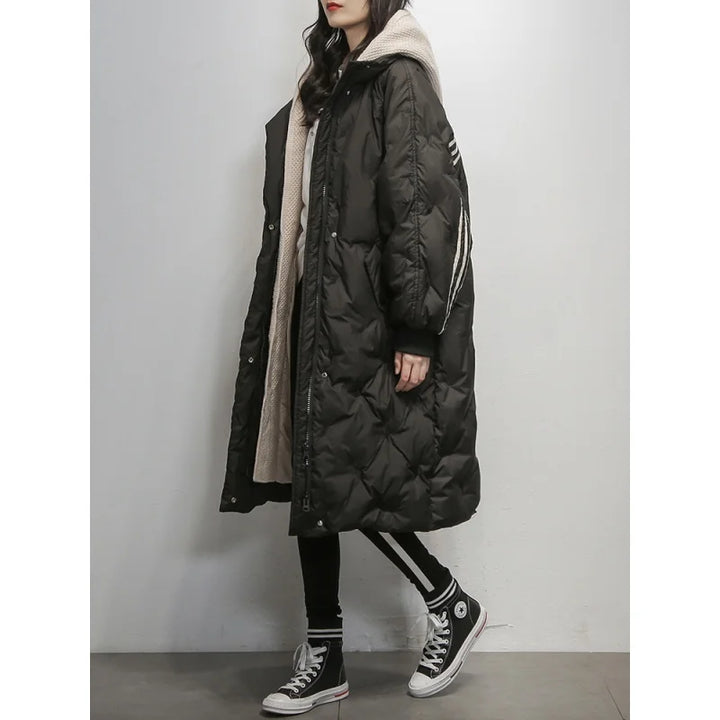Women's elegant hooded winter puffer jacket, cozy & warm outerwear for cold weather fashion.