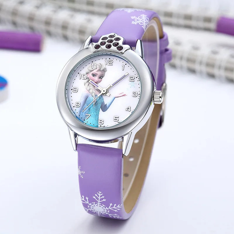 Close-up of Kids' Winter Princess Elsa watch face, showing magical design & comfortable leather band.