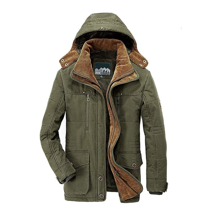 Durable men's utility parka jacket, a warm hooded winter coat for travel and cold weather adventures.