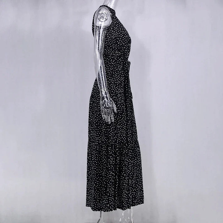 Casual flowy polka dot maxi dress for women, great for summer.