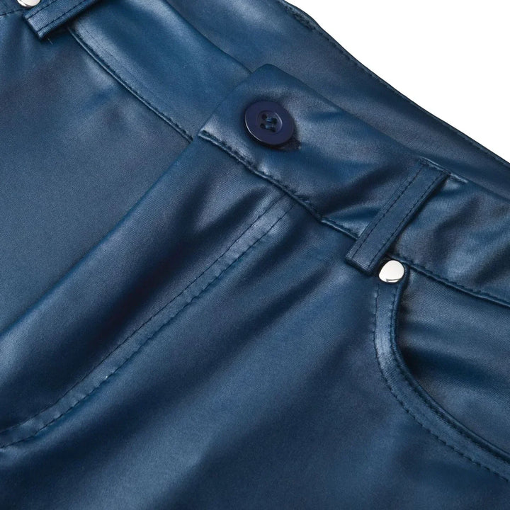Black high-waisted slim fit pants for unisex. Stretchy sleek finish, perfect for trendy casual or evening wear.