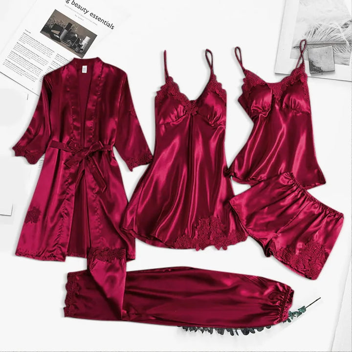 Women's five-piece luxurious robe & pajama set displayed, perfect for elegant sleepwear & loungewear comfort.