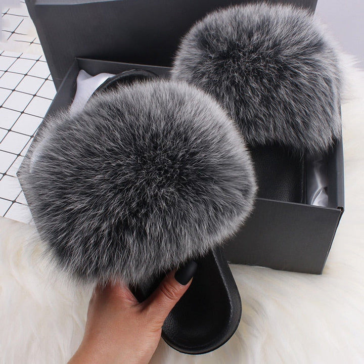 Easy slip-on women's fluffy open-toe sandals. Soft plush comfort slides, perfect for home use.