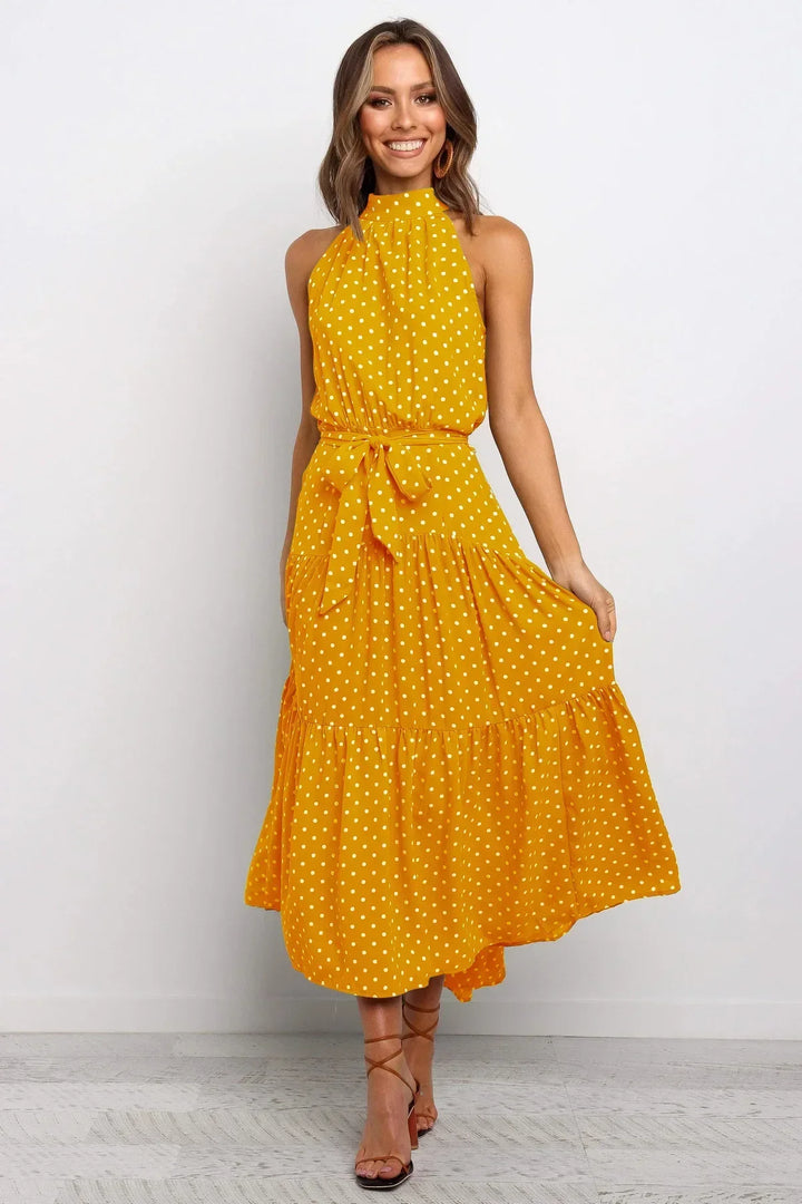 Women's polka dot summer maxi dress, flowy and elegant.