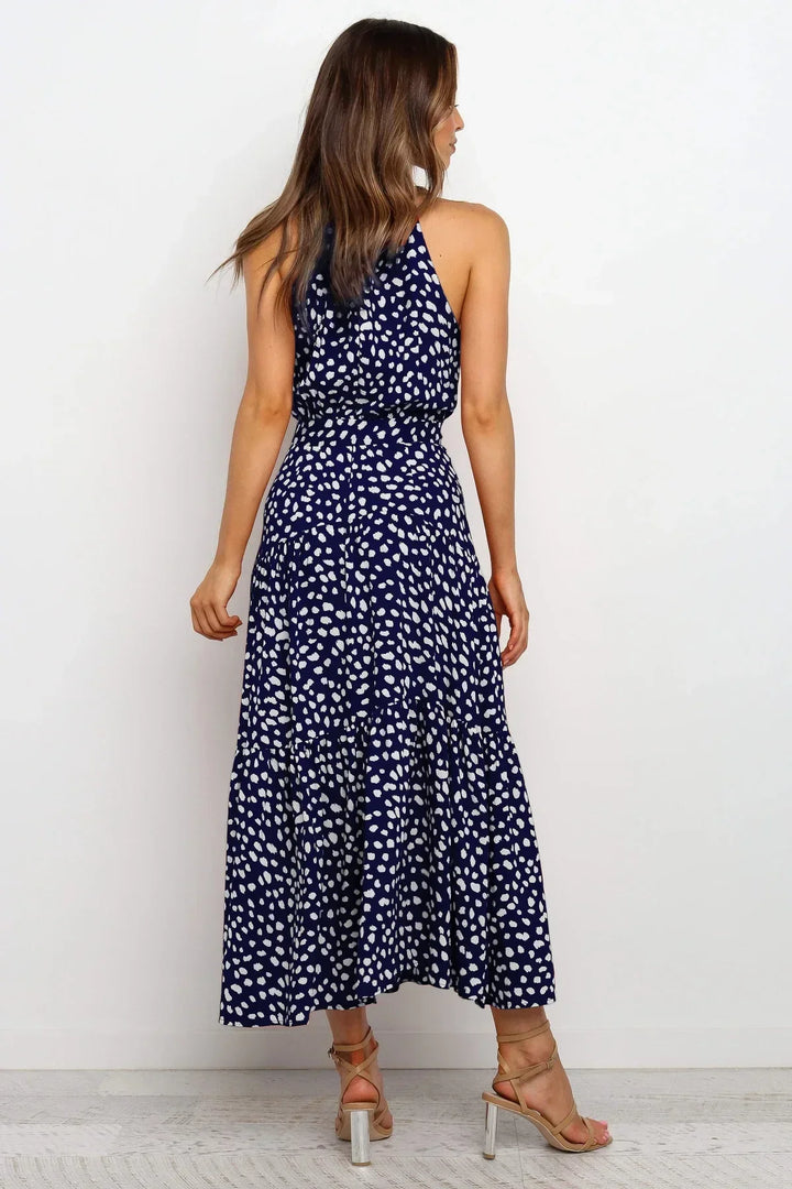 Polka dot flowy maxi dress, women's fashion for summer vacation.