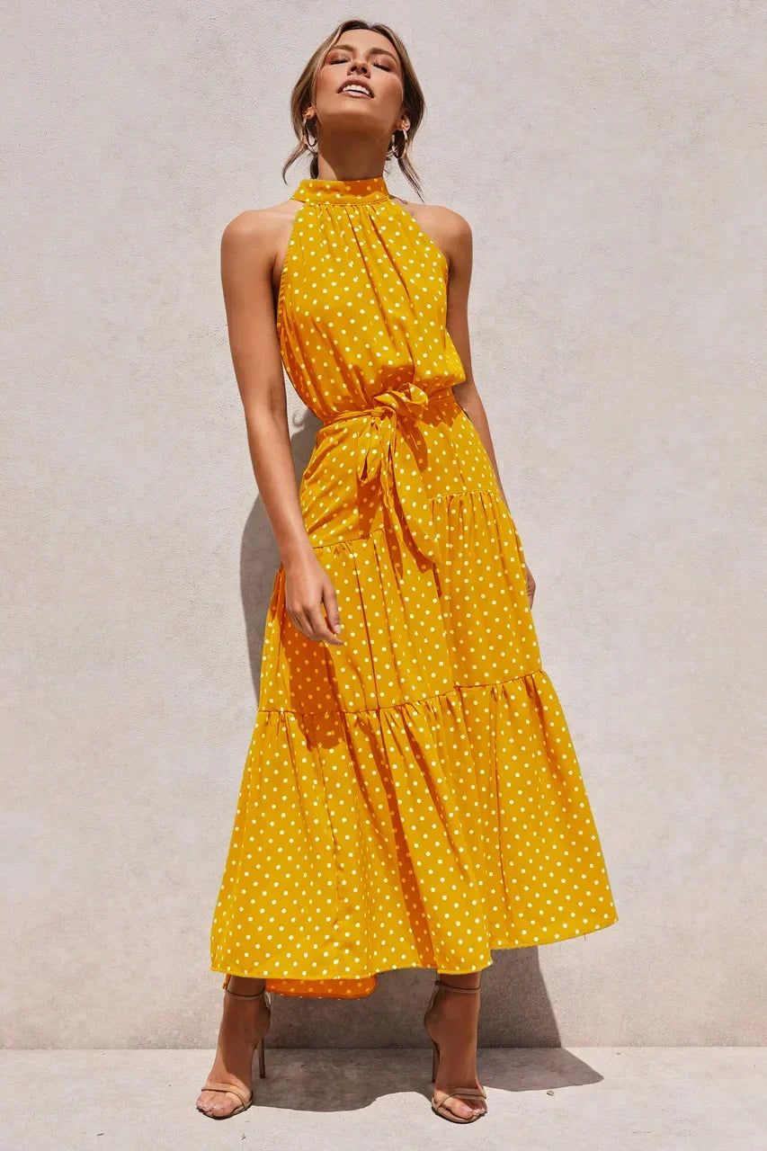 Summer polka dot maxi dress, elegant women's casual fashion.
