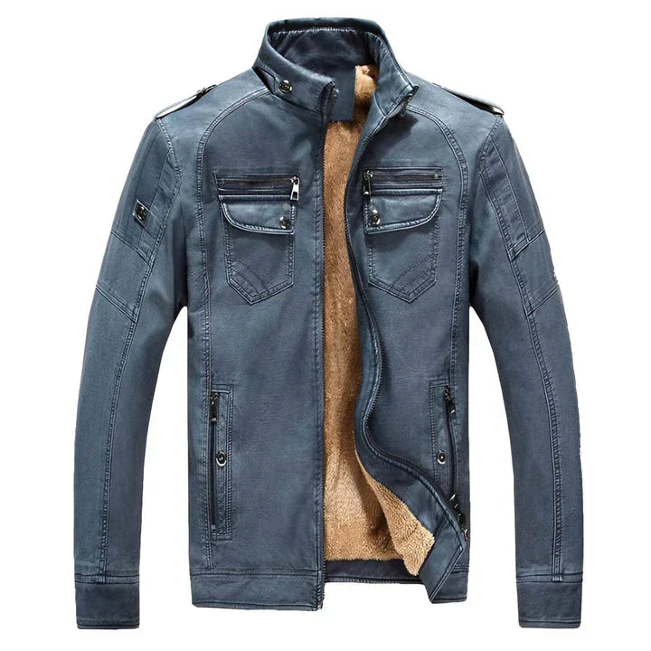 Casual men's black slim fit biker jacket. Full zip, stand collar. Perfect fashion outerwear.