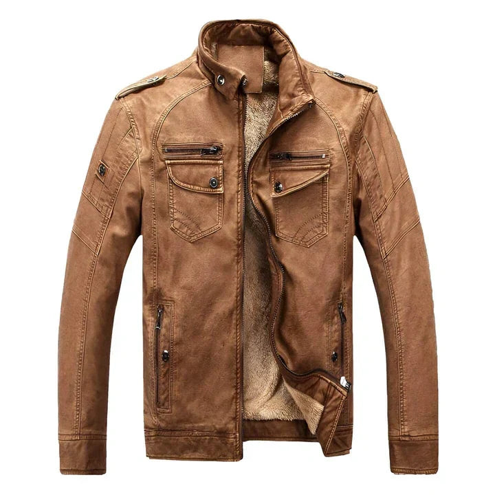 Stylish men's slim fit biker jacket. Black full-zip outerwear with a trendy stand collar.