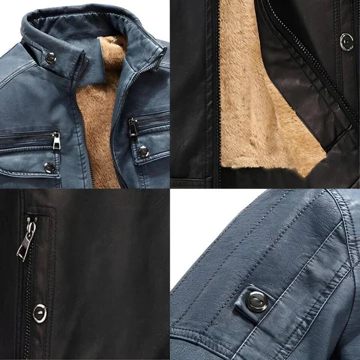 Sleek black men's slim fit biker jacket. Stand collar, full zip. Stylish and casual outerwear.