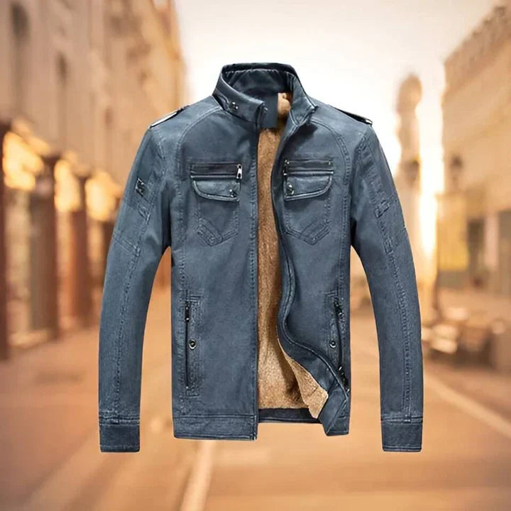 Full-zip men's slim fit biker jacket in black. Fashionable stand collar, ideal for casual outerwear.