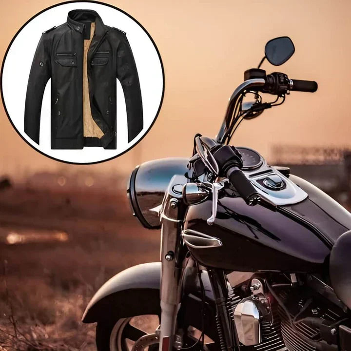 Classic men's black slim fit biker jacket. Full zip, stand collar. Trendy casual outerwear.
