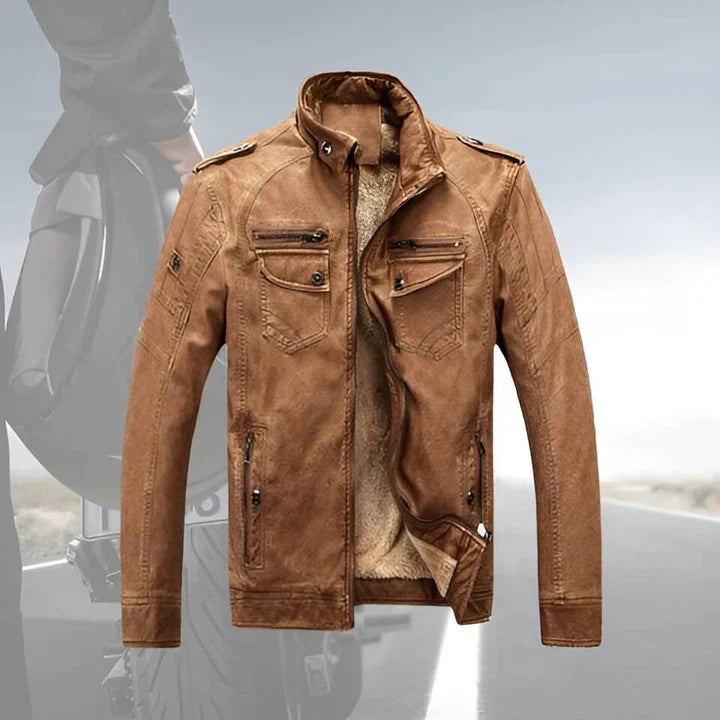 Men's slim fit biker jacket, black. Featuring a stand collar & full zip for stylish casual wear.