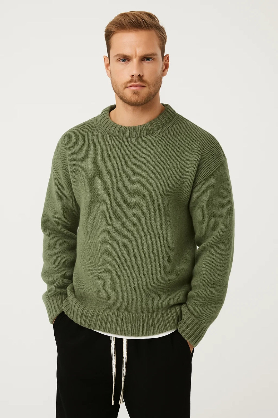 Comfortable men's knitwear pullover, oversized crew neck. Ideal for layering & everyday casual winter fashion.