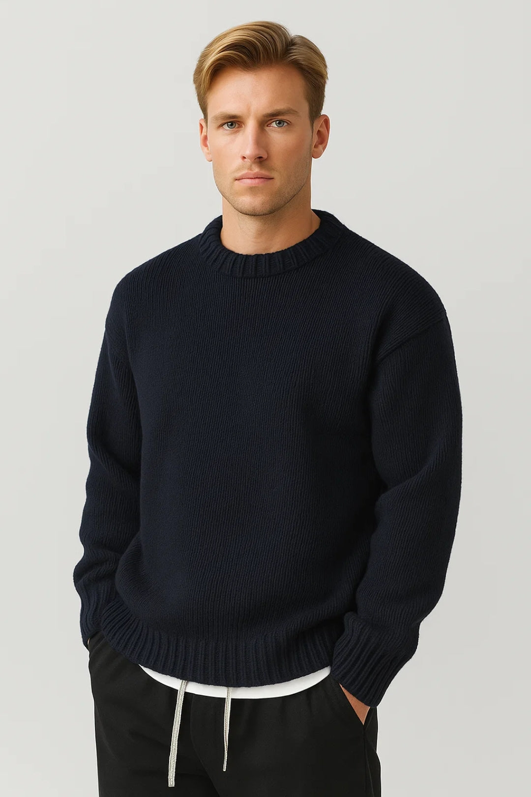 Men's relaxed fit oversized crew neck sweater. Versatile knitwear for layering in casual fall & winter styles.