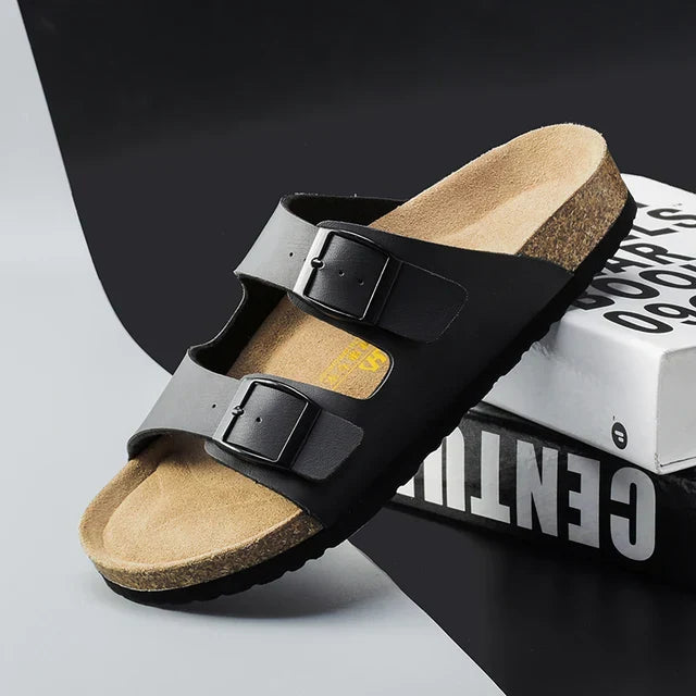 Stylish men's summer slides with adjustable double buckles & comfortable footbed. Perfect for casual wear.