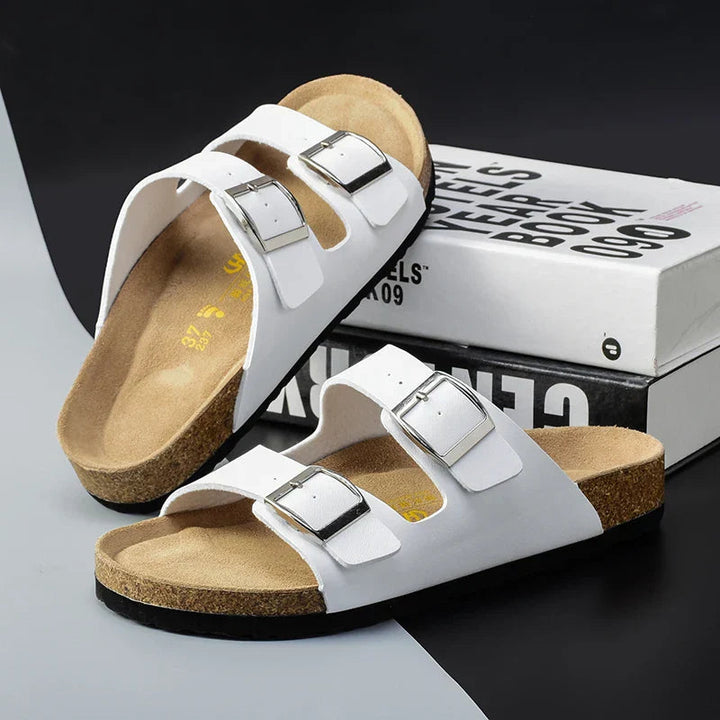 Open-toe men's comfort sandals; slip-on design with double buckles for easy summer casual footwear.
