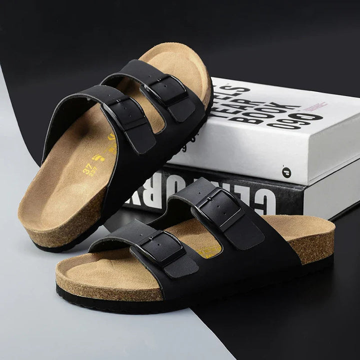 Men's casual double buckle summer sandals with comfort footbed for everyday outdoor wear.