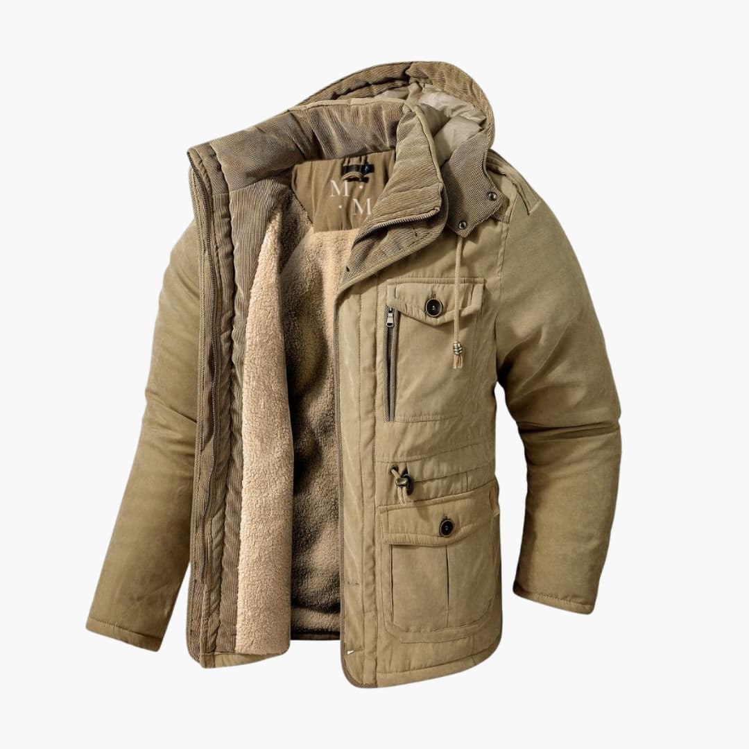 Durable men's winter jacket with hood and full zipper. Ideal casual outerwear for ultimate warmth in cold weather.