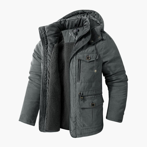 Men's black hooded winter jacket, warm & versatile for cold weather. Features front zipper & casual style.