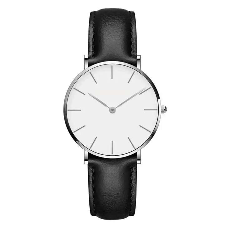 Stylish women's round leather watch, minimalist, timeless classic, perfect elegant wrist accessory.