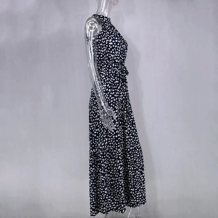 Elegant women's summer polka dot maxi dress, comfortable fit.