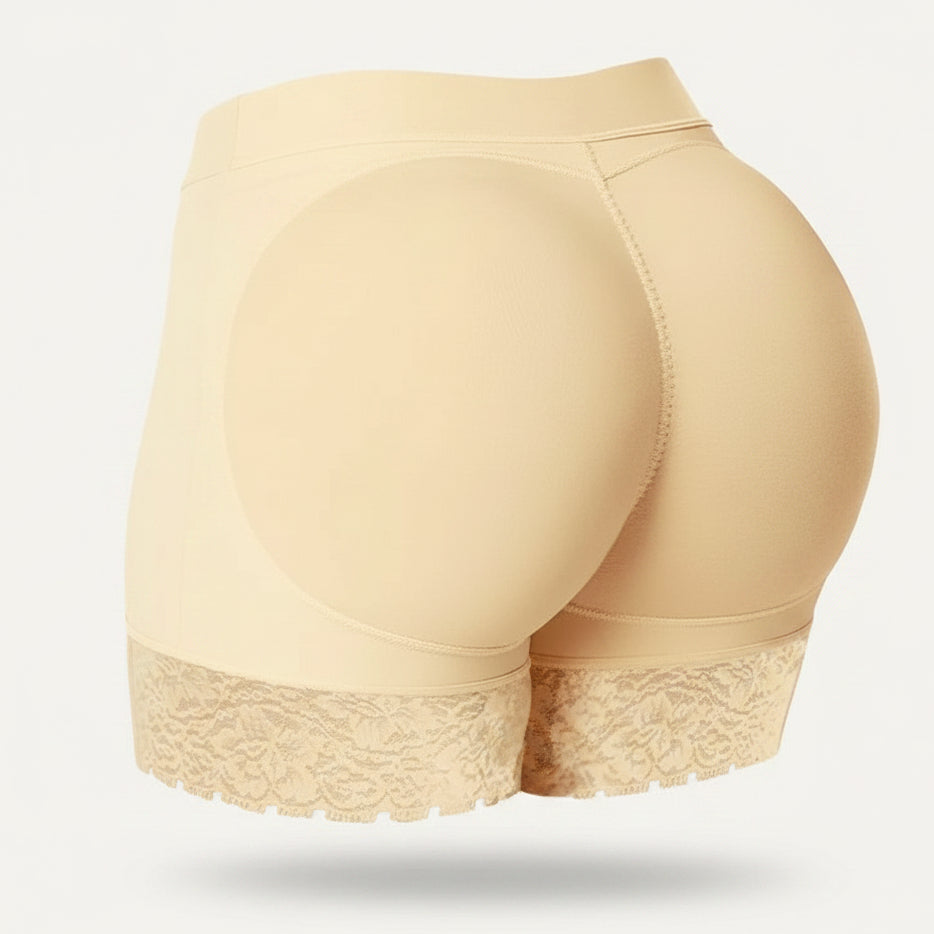 Women's padded shaping shorts with elegant lace trim, offering a seamless lift and invisible comfort under clothing.
