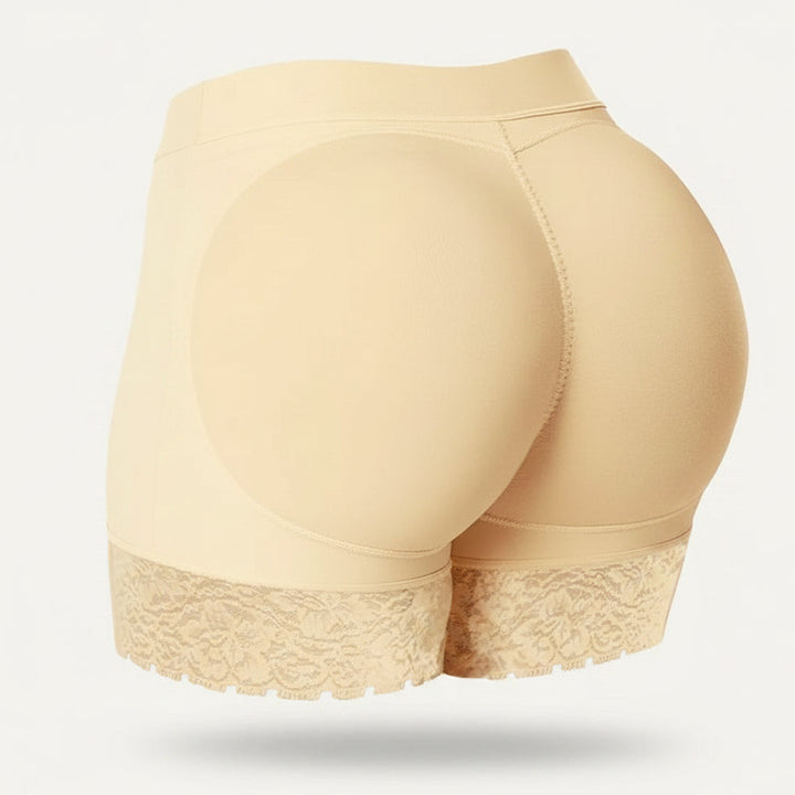 Women's padded shaping shorts with elegant lace trim, offering a seamless lift and invisible comfort under clothing.