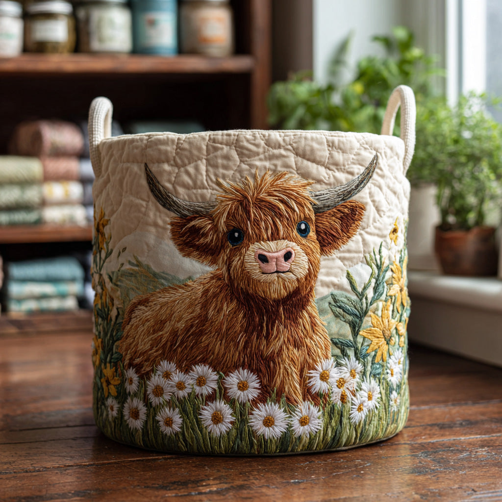 Highland Charm quilted laundry basket for home organization. Stylish & durable fabric clothes hamper, self-standing.