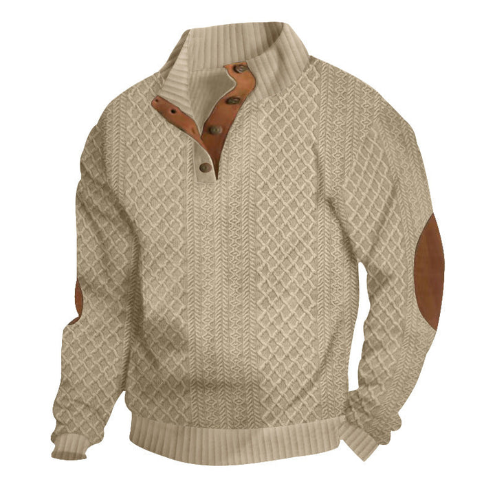 Men's cozy cable knit sweater with mock neck & button placket. Perfect for winter fashion & casual wear.