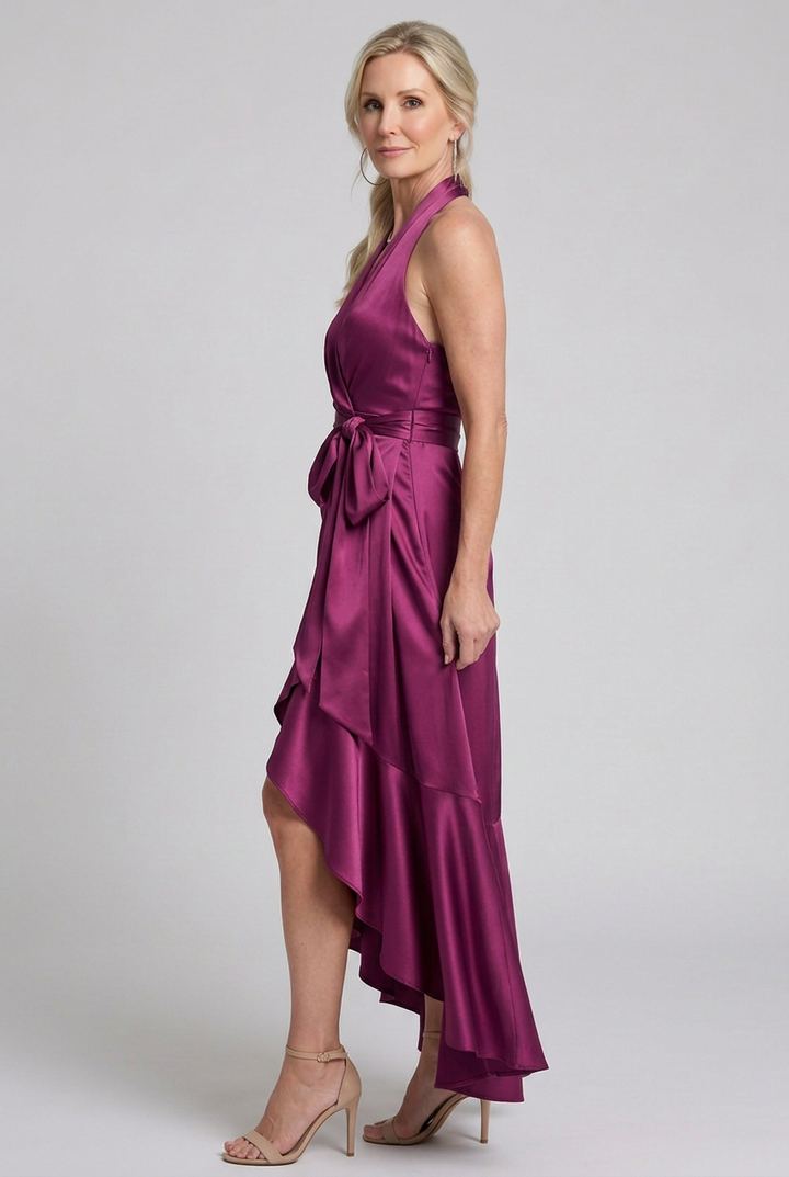 Premium women's halter wrap midi dress with a unique asymmetric hem; elegant party or cocktail wear.