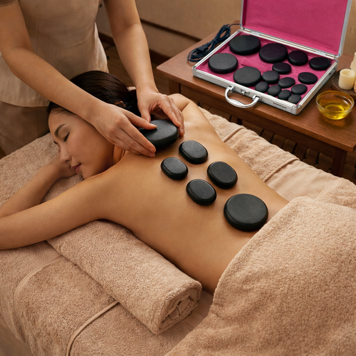 Premium spa-grade hot stone massage set with professional heater for ultimate relaxation experience.