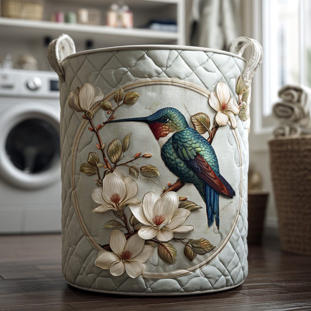 Decorative hummingbird quilted laundry basket for home organization & storage. Washable, foldable fabric basket for home decor.