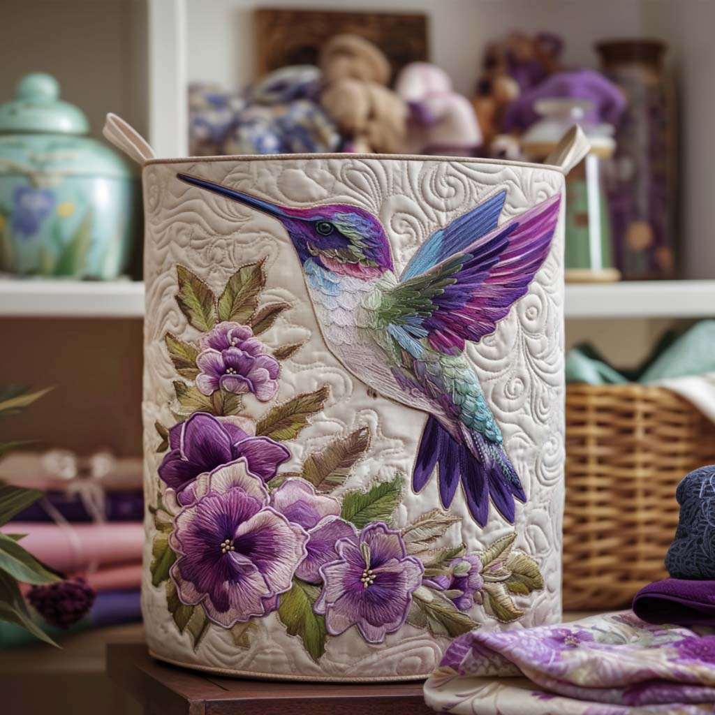 Quilted laundry basket with hummingbird & floral pattern. Foldable, self-standing fabric storage for home organization.