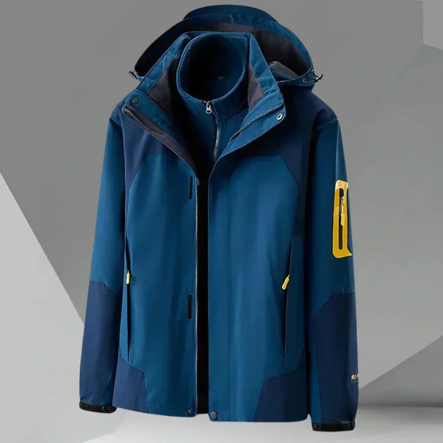 Versatile men's hooded rain jacket with stylish color block. Lightweight outerwear, perfect for transitional weather comfort.