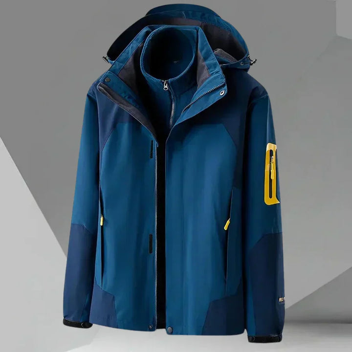 Versatile men's hooded rain jacket with stylish color block. Lightweight outerwear, perfect for transitional weather comfort.