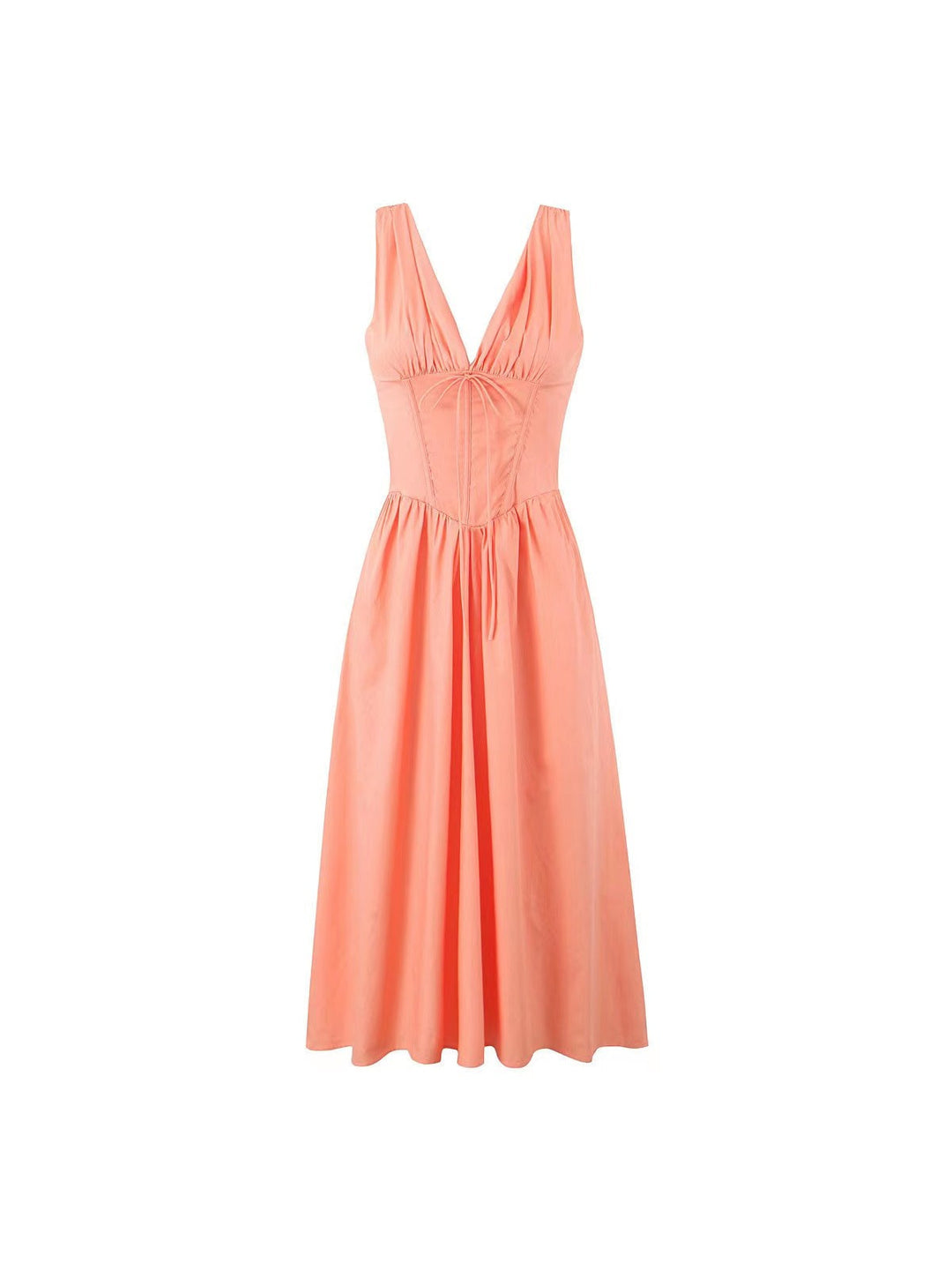 Fashionable women's V-neck corset midi dress with a flattering flare. Elegant style for any special occasion.