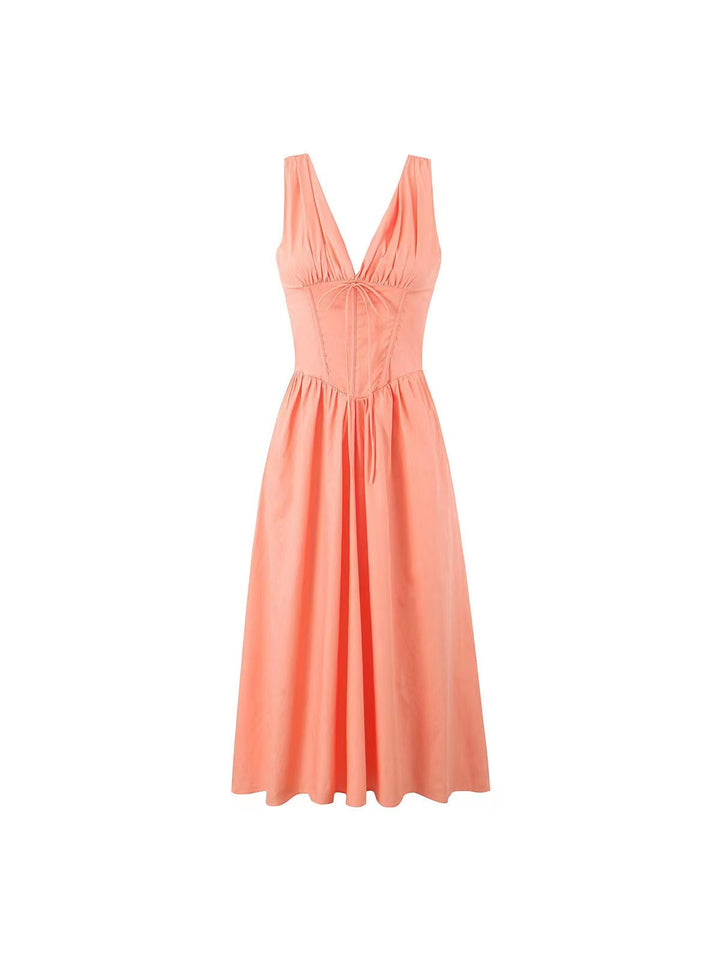 Fashionable women's V-neck corset midi dress with a flattering flare. Elegant style for any special occasion.