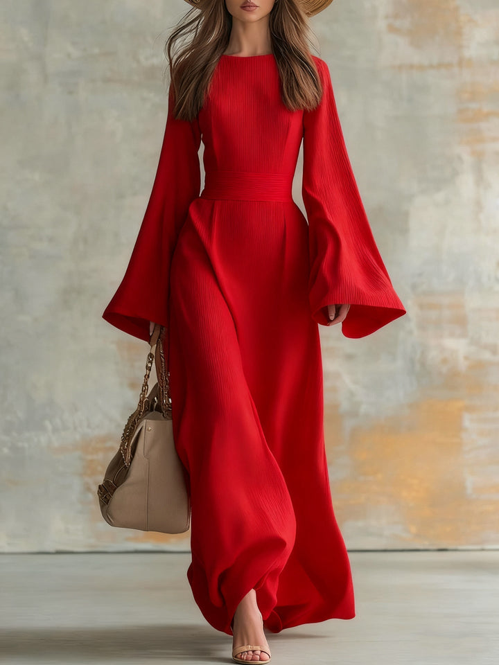 Modest red long-sleeve women's formal gown. Timeless maxi dress, perfect for elegant evening parties.