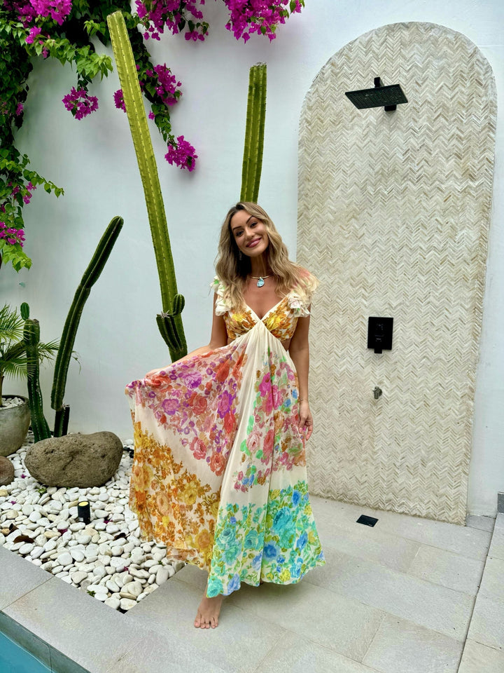 Women's floral summer maxi dress. Elegant, flowy, perfect for vacation & casual wear.