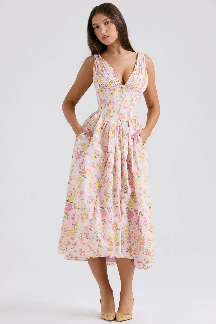 Stunning women's V-neck corset flare midi dress. Elegant party wear, flattering for all summer occasions.